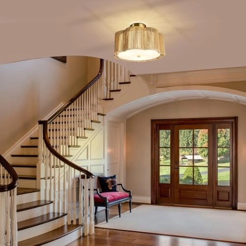 LED Rattan Farmhouse Chandelier - 3-Light Semi Flush Mount 33.5cm