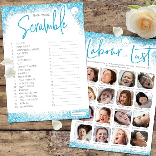 Bump or Beer + Who Knows Mummy Best + Labour or Lust + True or False + Baby Word Scramble + Baby Advice Cards + Picture Game Adult