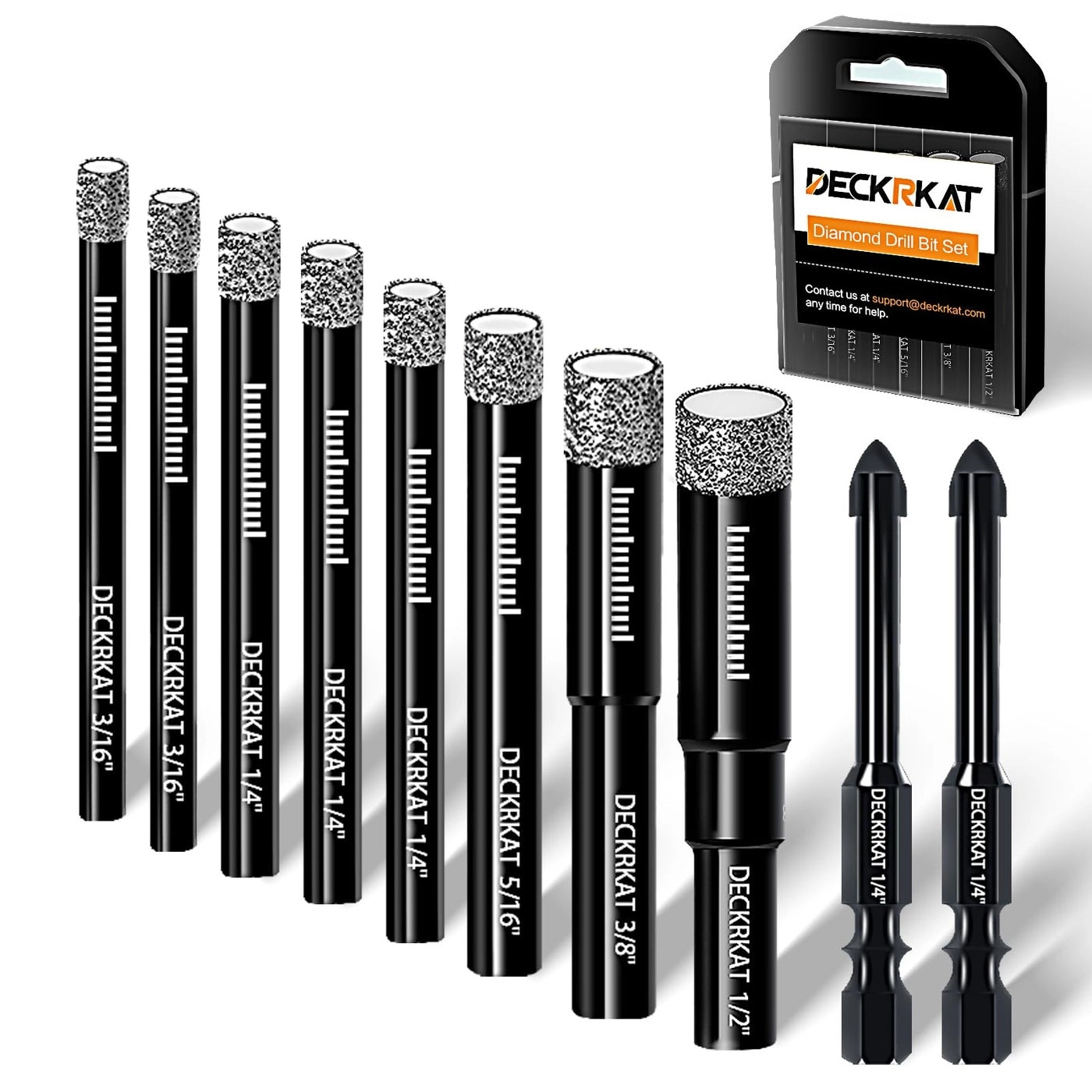 DECKRKAT Dry Diamond Drill Bits - 10-Piece 3/16"(x2), 1/4"(x3), 5/16", 3/8", 1/2" + 1/4"(x2)