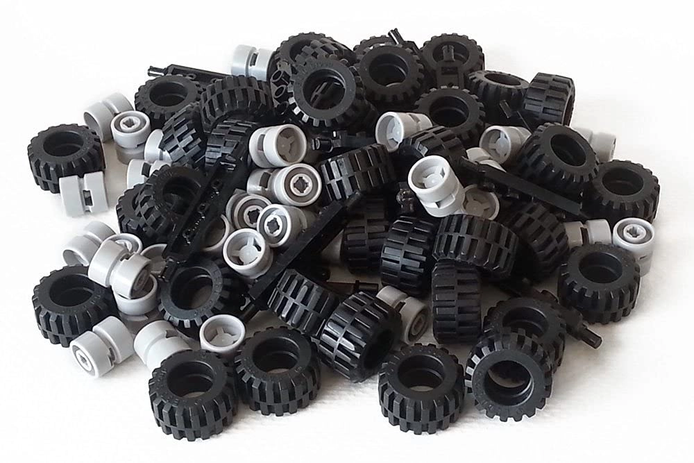 LEGO Complete Wheel Assembly Lot - 20 Black Axles 40 Black Rubber Wheels
