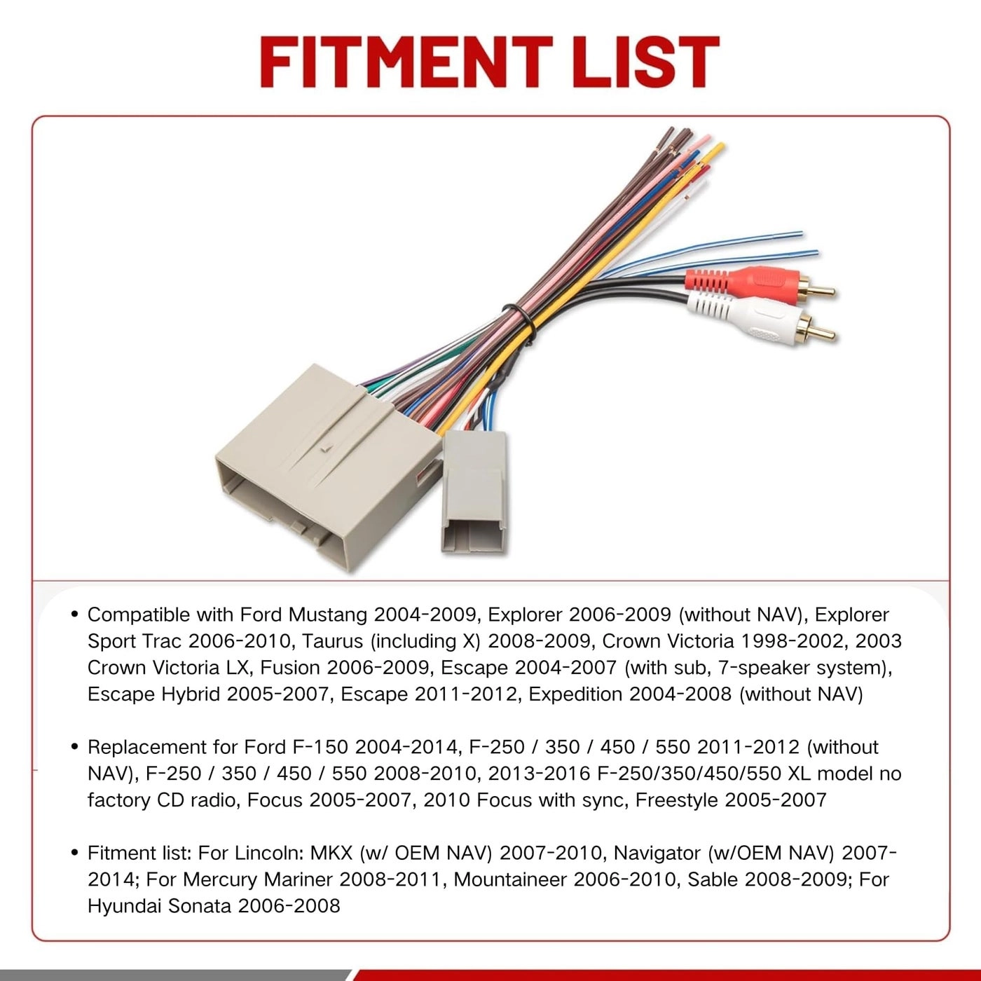 Car Radio Wiring Harness - Ford Mustang 2004-2009 Hyundai Sonata 2006-2008 Mercury Mariner 2008-2011