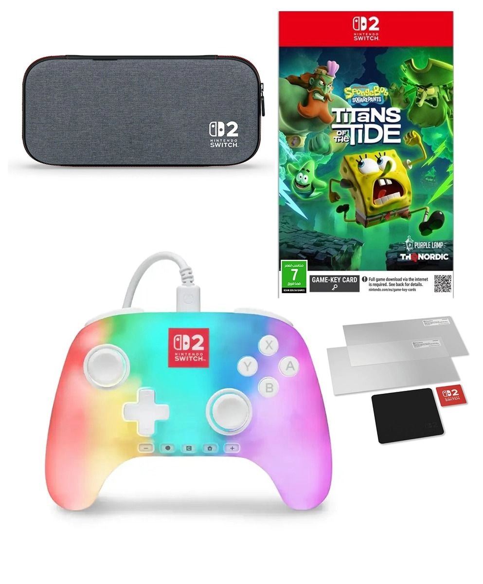 PowerA Advantage Switch 2 - Lumectra White + SpongeBob SquarePants: Titans of the Tide + Slim Protection case - Dark Heather Grey + Screen Protector