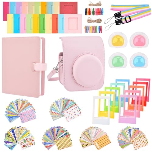 PU leather case - Pink + Album - 128 pocket + Film sticker - 120 sheets + Plastic desk frame - 10 pieces + Hanging frame - 20 pieces + Neck strap - rainbow + Color filter - 4 pieces