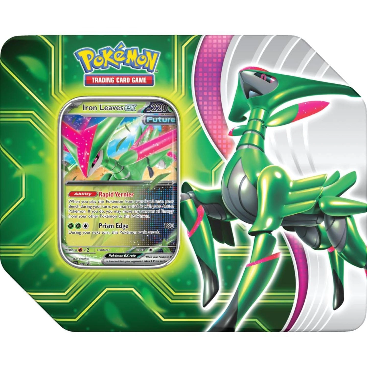 Pokmon Cards Paradox Clash Tin - 1 foil promo card featuring Iron Leaves ex 5 Pokmon TCG booster packs