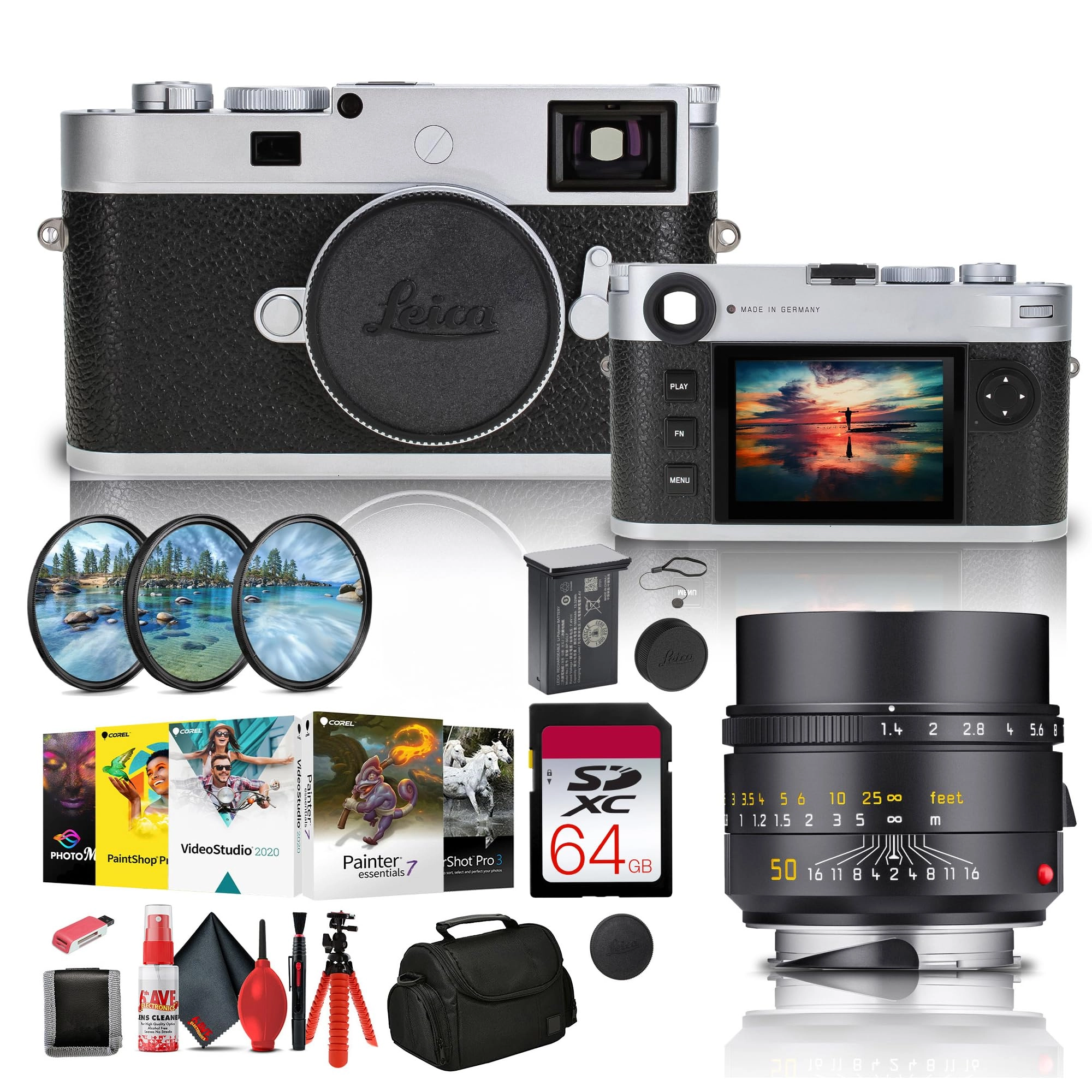 Leica M11-P + Summilux-M 50mm f/1.4 + 64GB SF-M Tough Series UHS-II SDXC Memory Card + 46mm 3 Piece Filter Kit + Soft Bag + Memory Card Reader + Corel Photo Software + 12_inch Flexible Tripod + Memory Card Wallet + Cleaning Kit + Lens Cap Keeper