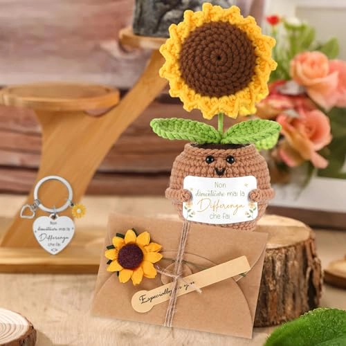 Sunflower Doll - knitted 15 x 5 cm + Keyring - stainless steel + Envelope with Dried Flowers