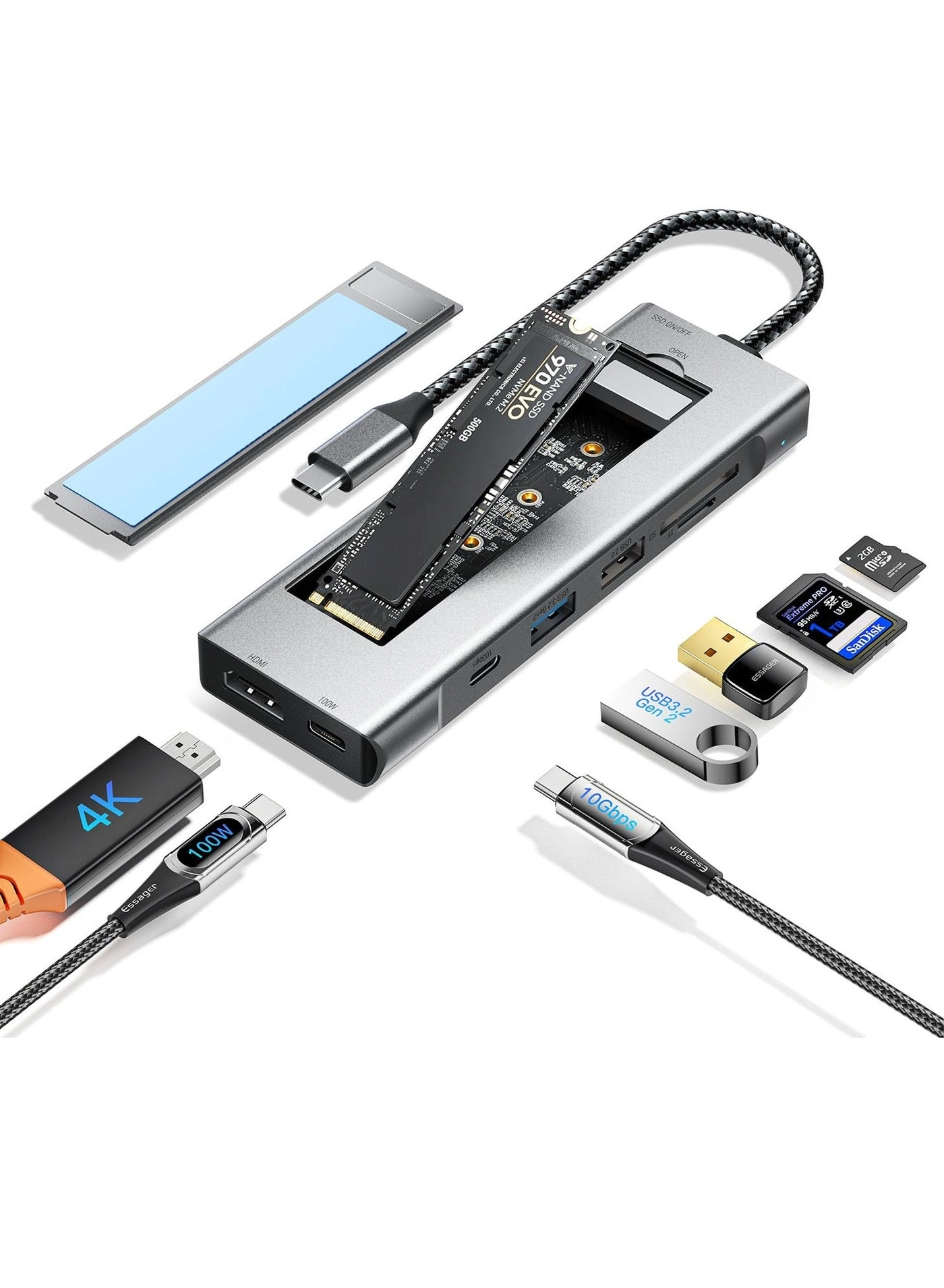 USB C Hub - 100W PD3.0 M.2 NVMe/SATA 10Gbps 4K@30Hz HDMI
