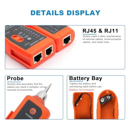 Ethernet Network Cable Tester - RJ11 RJ45 + Network Wire Stripper Toolkit - 2 Orange