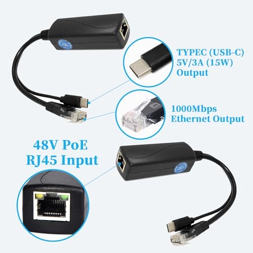 Type C Port PoE Splitter - 48V 5V/3A 1 IEEE802.3 af/at 10/100/1000Mbps
