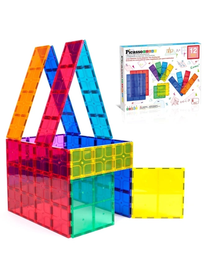 PicassoTiles Magnetic Tiles Large Stabilizer Combo Set Science Technology Engineering Art Math - 3 years+ 12 pieces