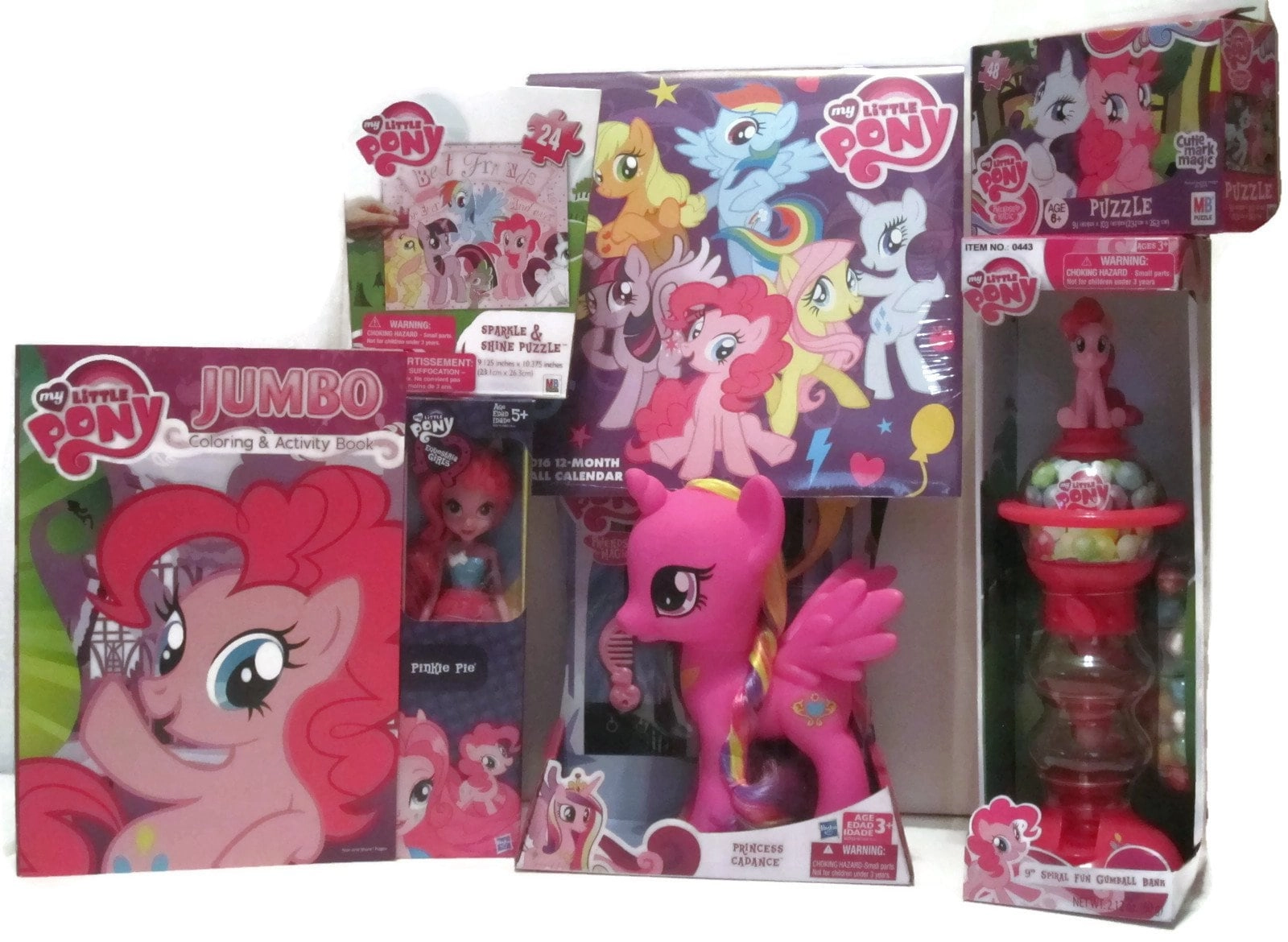 My Little Pony Spiral Fun Gumball Bank + Princess Cadance Pony + Pinkie Pie Equestria Girl Doll + 48pc Puzzle + 24pc Puzzle + 2016 Hanging Wall Calendar + Coloring Book