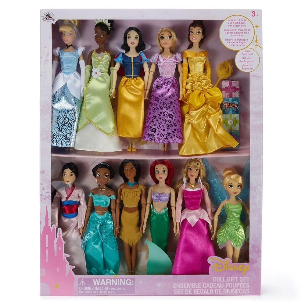 Disney Store Snow White Doll + Cinderella Doll + Aurora Doll + Ariel Doll + Belle Doll + Jasmine Doll + Pocahontas Doll + Mulan Doll + Tiana Doll + Rapunzel Doll + Tinker Bell Doll - Ages 3+