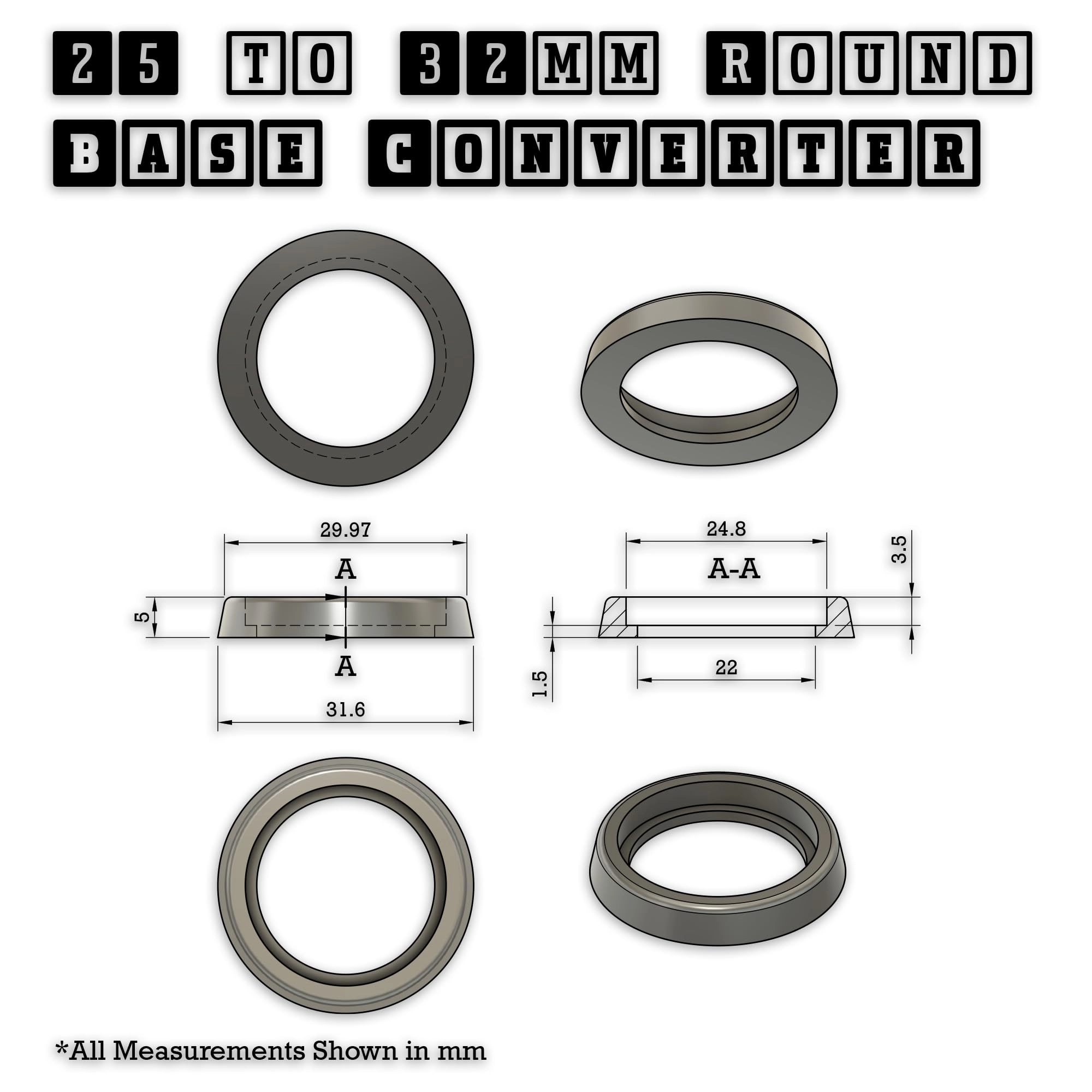 25 to 32mm Round Base Converters - 100 pcs Compatible with square and other shapes