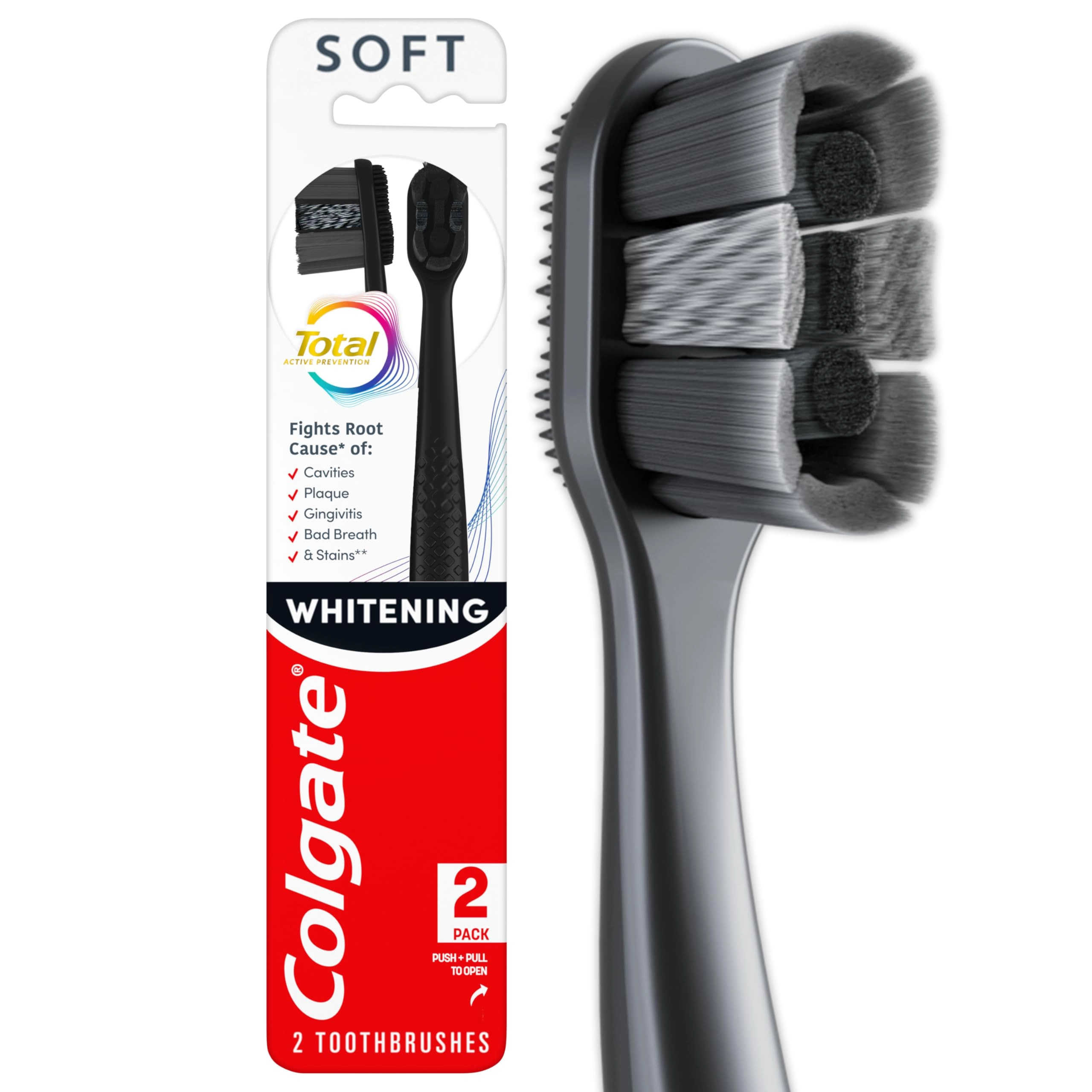 Colgate Total Active Prevention Whitening Toothbrush - Soft Charcoal Infused Bristles 2 Count