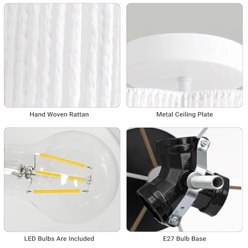 LED Rattan Farmhouse Chandelier - 3-Light Semi Flush Mount 33.5cm