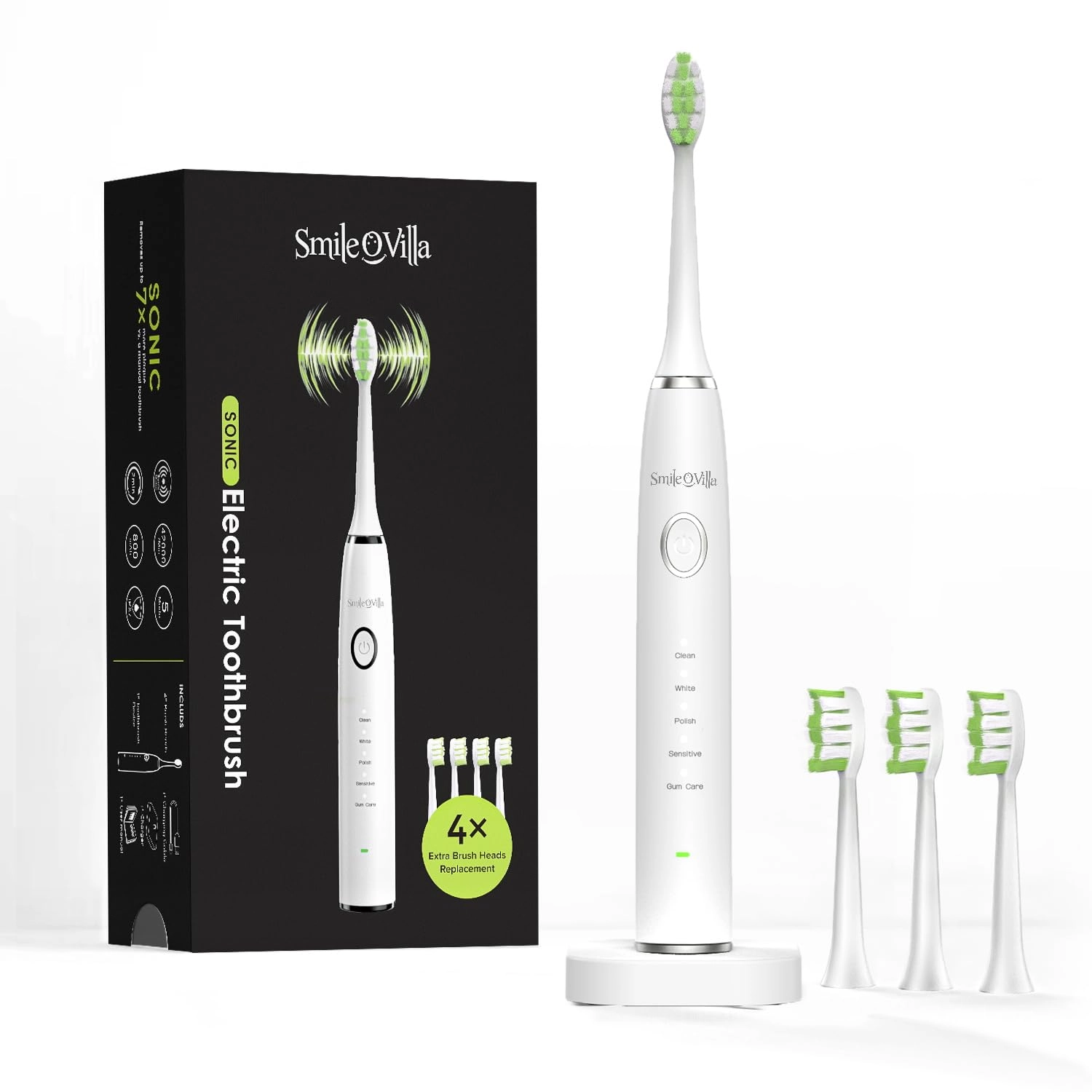 Smile-O-Villa Advanced Sonic Electric Toothbrush - 4 Replacement Heads Multiple Modes