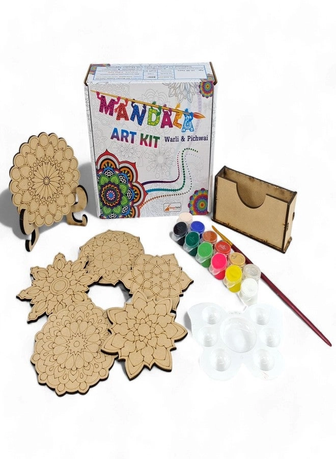 StepsToDo Mandalas Paint Kit D - Set of 6 Bases (4 Inch) with Case, Colours, Painting Brush & Dish