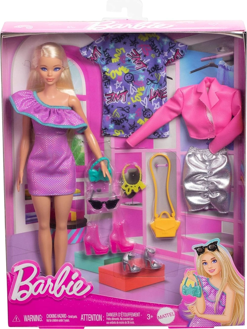 Barbie Doll and Fashions Gift Set - three complete outfits 2 handbags 3 sets of shoes