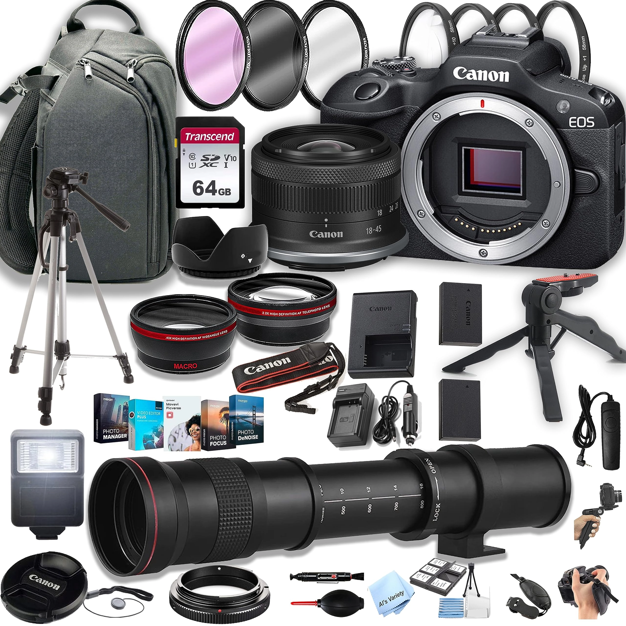 Canon (Renewed) EOS R100 + RF-S 18-45mm + 420-800mm + 100S Sling Backpack + 64GB Memory Cards
