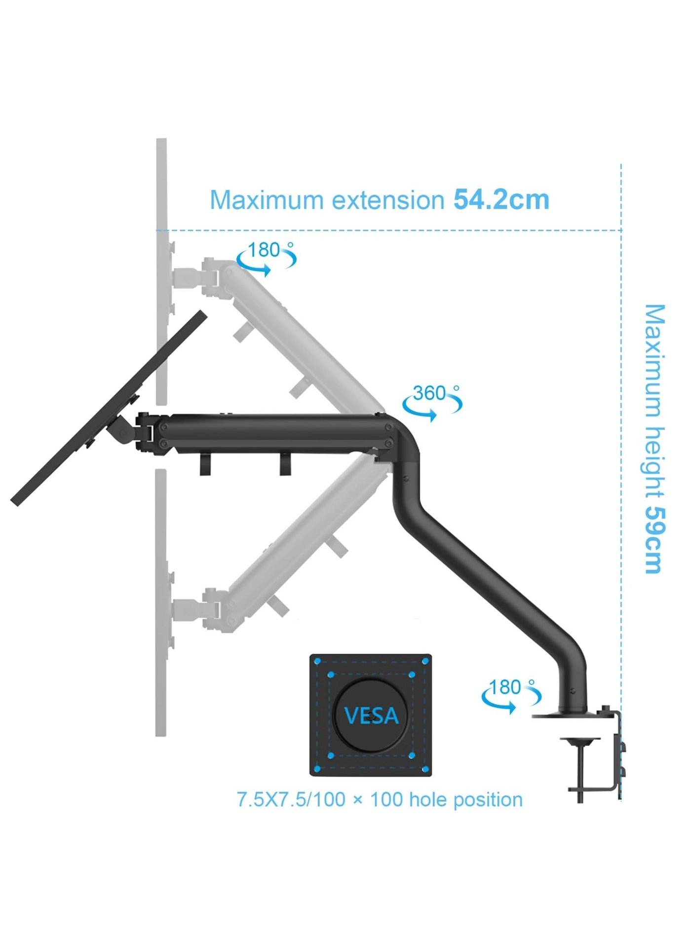Gas Spring Monitor Arm - 32 in VESA 75x75/100x100mm