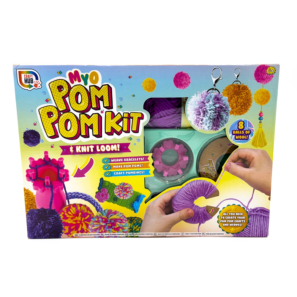 Make Your Own Pom Pom Kit & Knit Loom - 8 balls of colorful wool