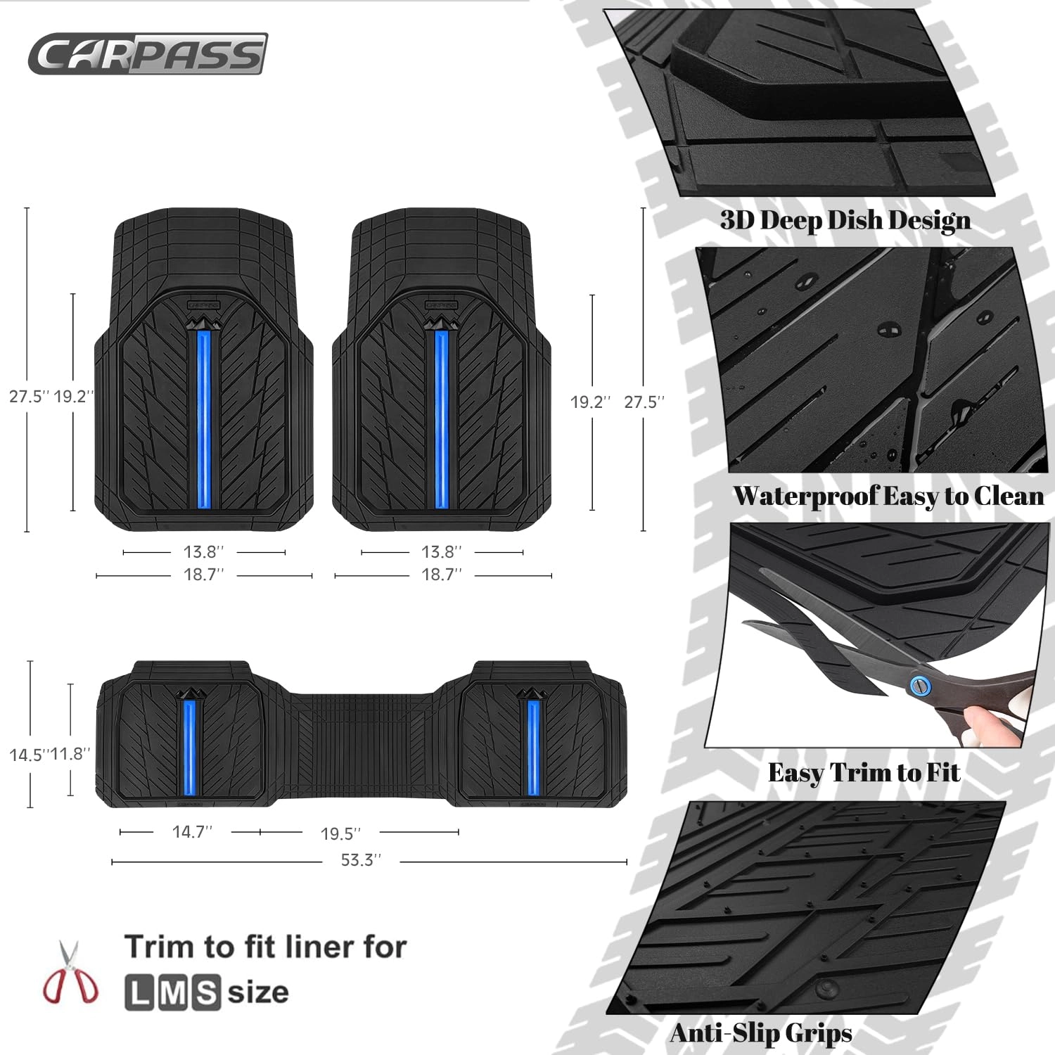 Rubber Floor Mats - All Weather Trim-to-Fit 3-Piece