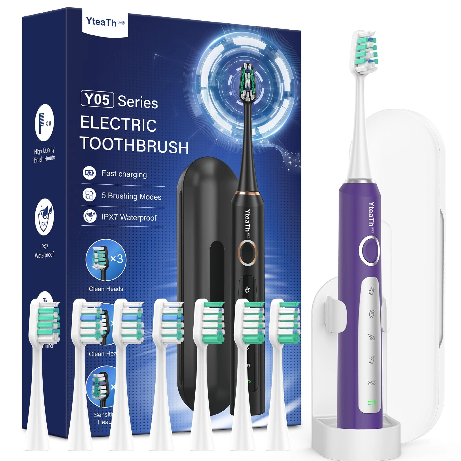 Y05U - 8 Toothbrush Heads 90 Days Battery Life 5 Brushing Modes