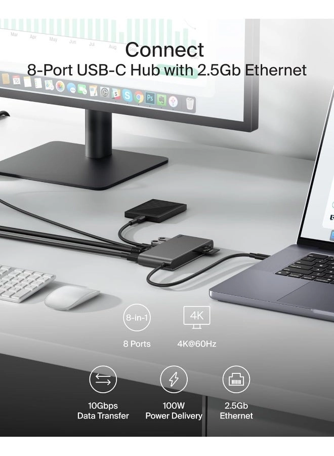 8-In-1 USB-C Multiport Hub Adapter - 100W Power Delivery 4K 60Hz 2.5 Gbps