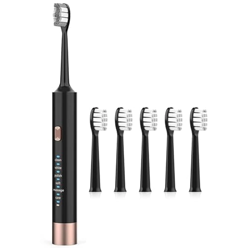 Electric Toothbrush - 6 Modes 5 Replacement Brush Heads Black