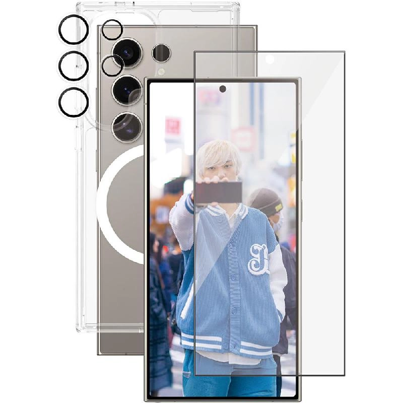 Privacy Screen Protector + Urban Combat Case + Hoops Camera Lens Protector Smartphone Case for Samsung Galaxy S25 Ultra