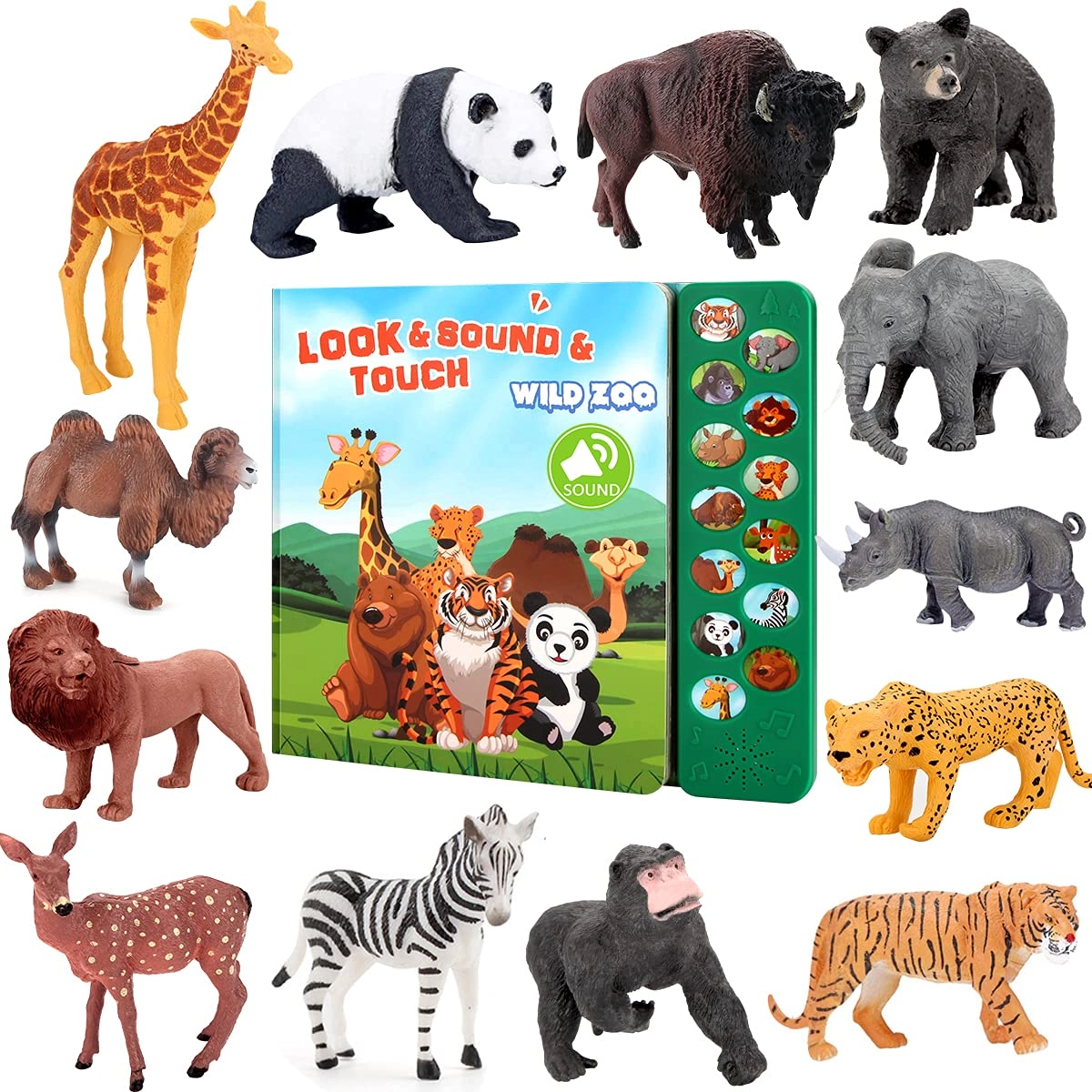Tudoccy Safari Animal Figures - 3 Years Old & Up 13 pieces + Kids Sound Book