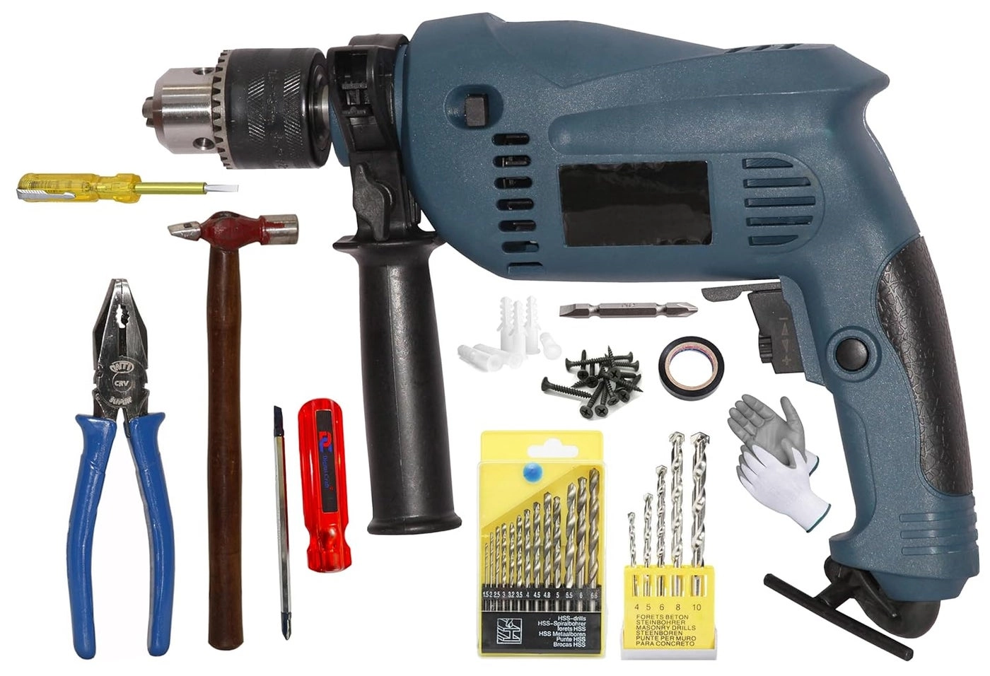 13MM Impact Reversible Drill + 8Inch Pincer Plier + TBar Socket Set