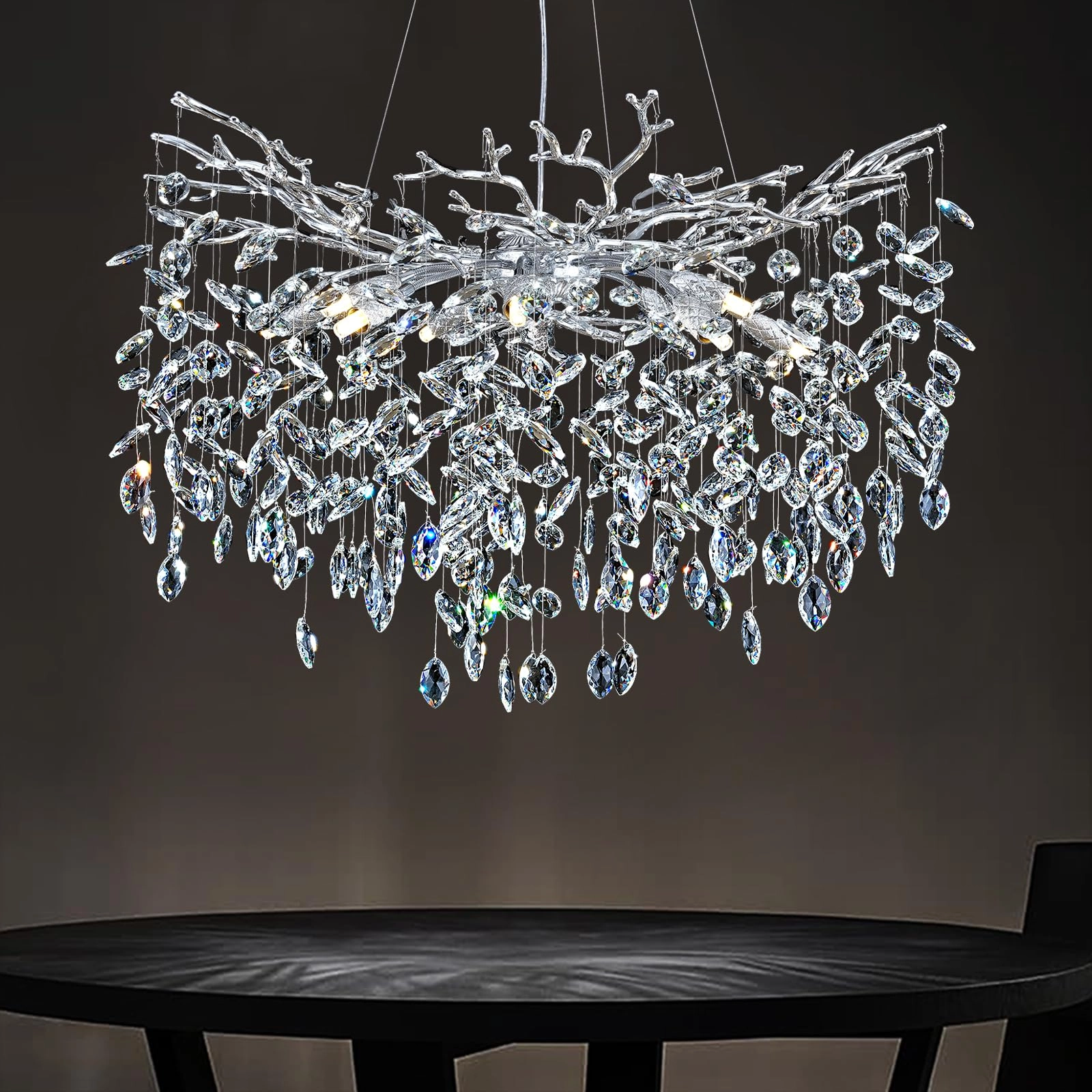 kvtinmty Round Crystal Chandelier - 3000 Kelvin Dimmable