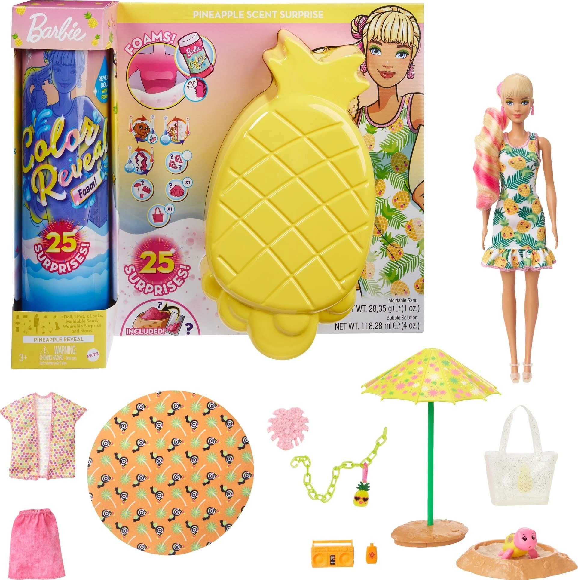 Barbie Color Reveal Foam! Doll & Pet Friend - 25 Surprises Pineapple-scented Bubble Solution Ages 3+