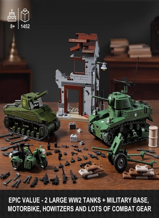WW2 Army Tank Building Set - 1452 pcs + Sherman Tank + Stuart Tank + War-Torn Building