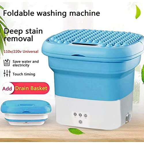 Blue Washing Machine, Mini Folding Washing Machine Combo with Small Collapsible Drain Basket UK Plug