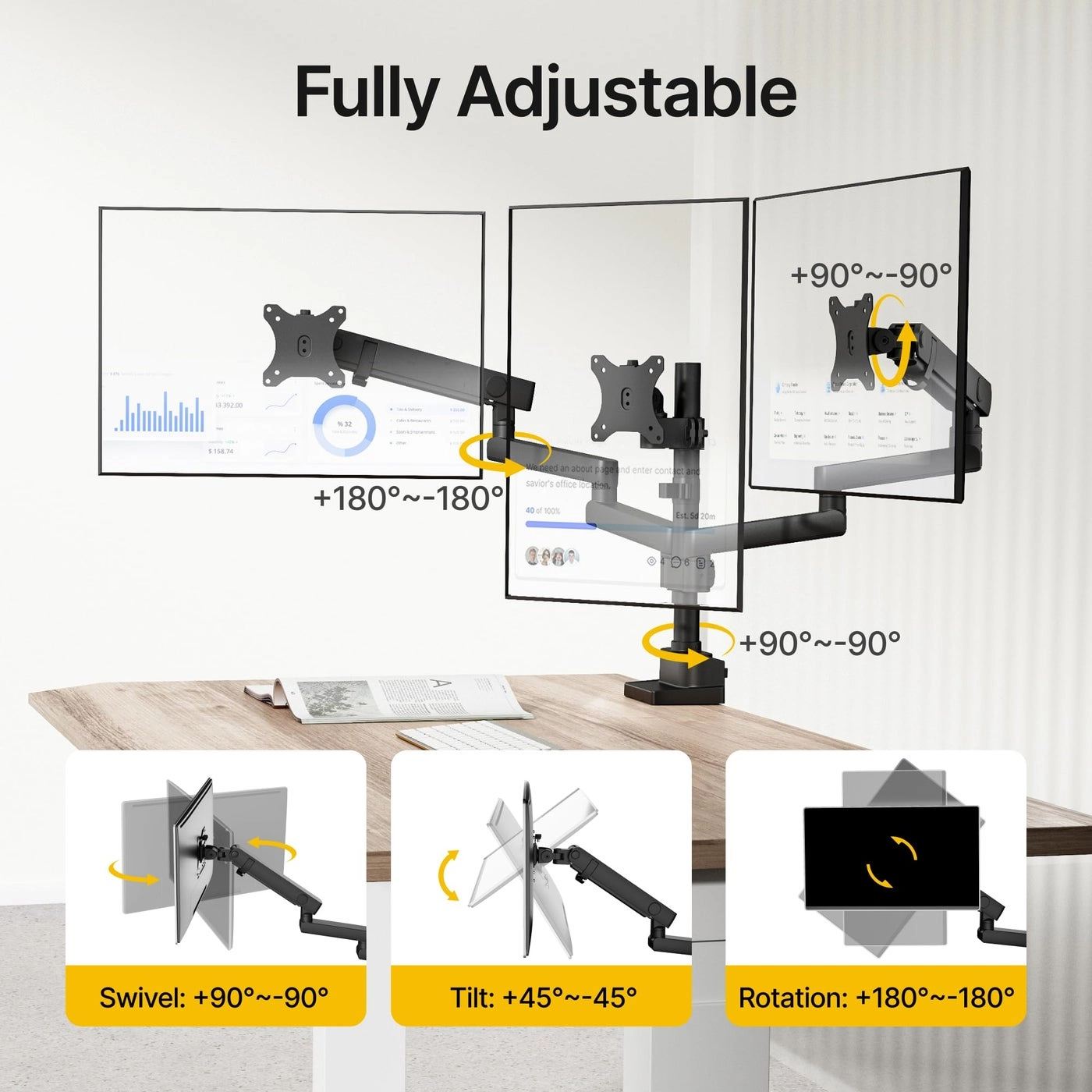 Triple Monitor Stand Mount - 3 17″-32″ VESA 75x75mm/100x100mm