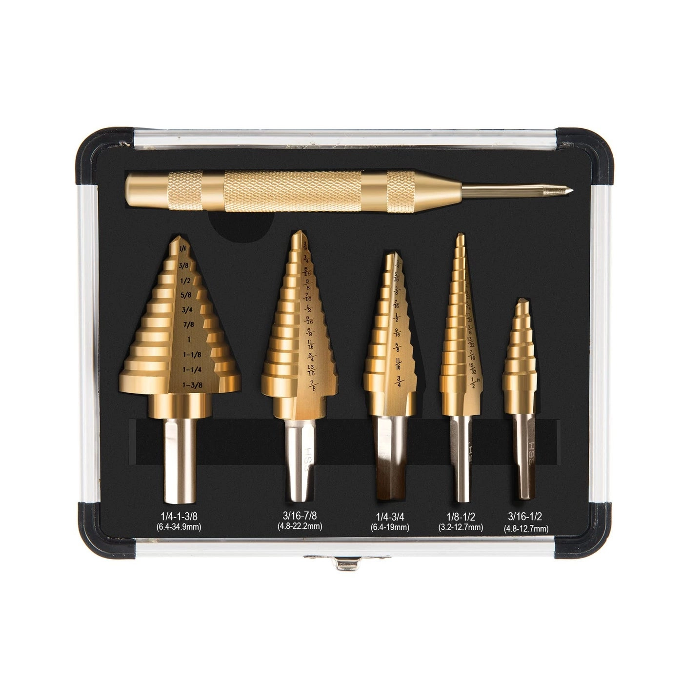 Step Drill Bit Set - 5 pieces high speed titanium 1/8" to 1-3/8"
