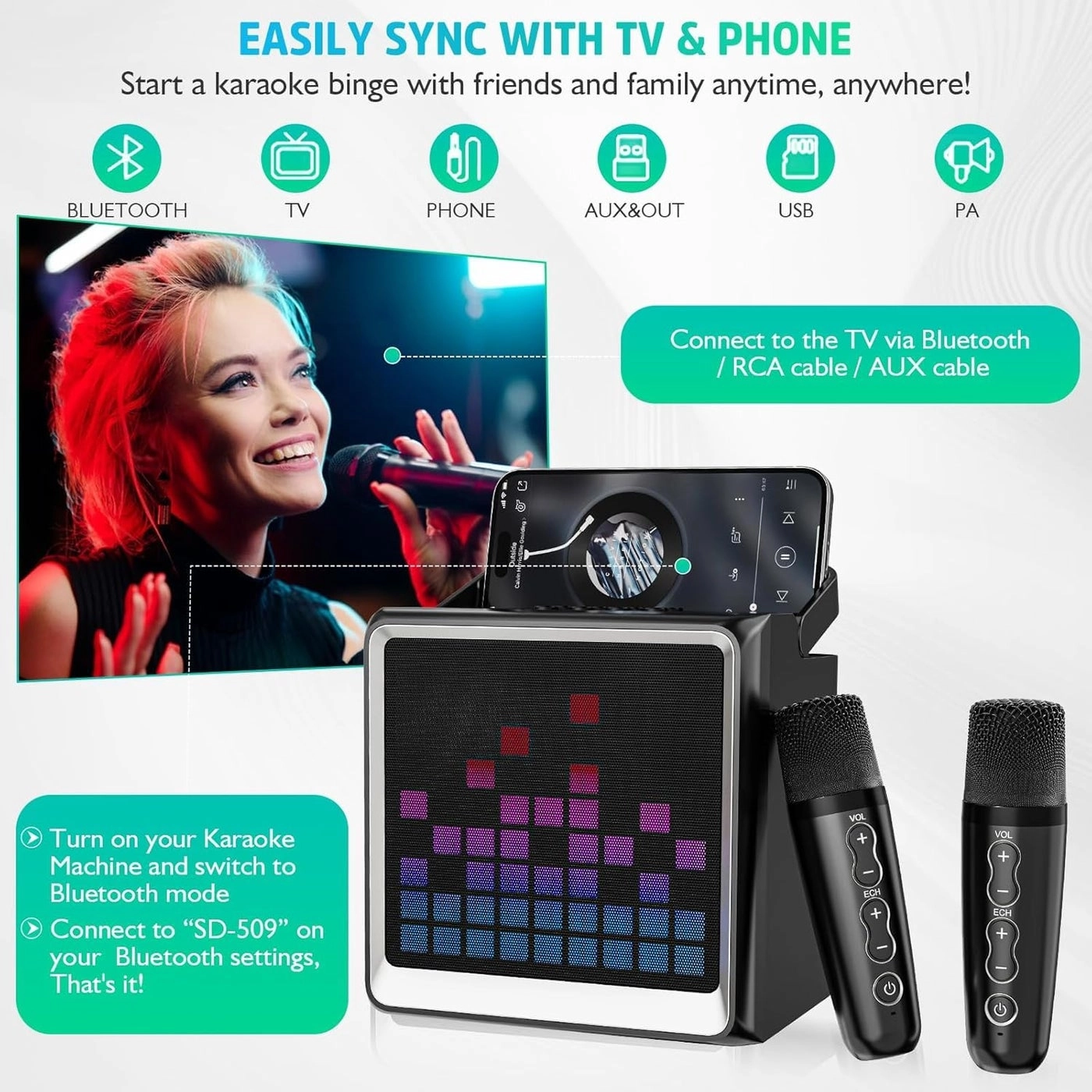 Portable Karaoke Machine - 2 Wireless Microphones