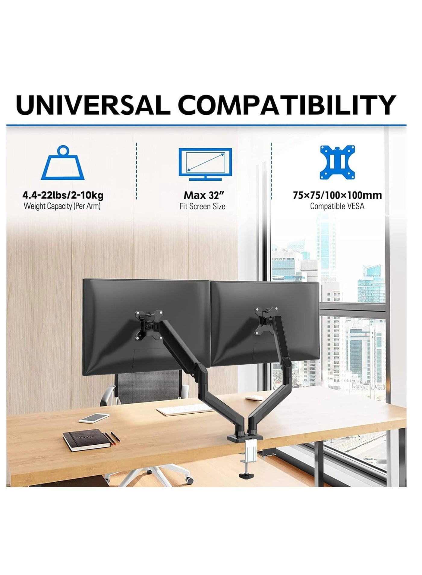 Dual Monitor Stand - two 13 to 32 inch VESA 75x75mm 100x100mm