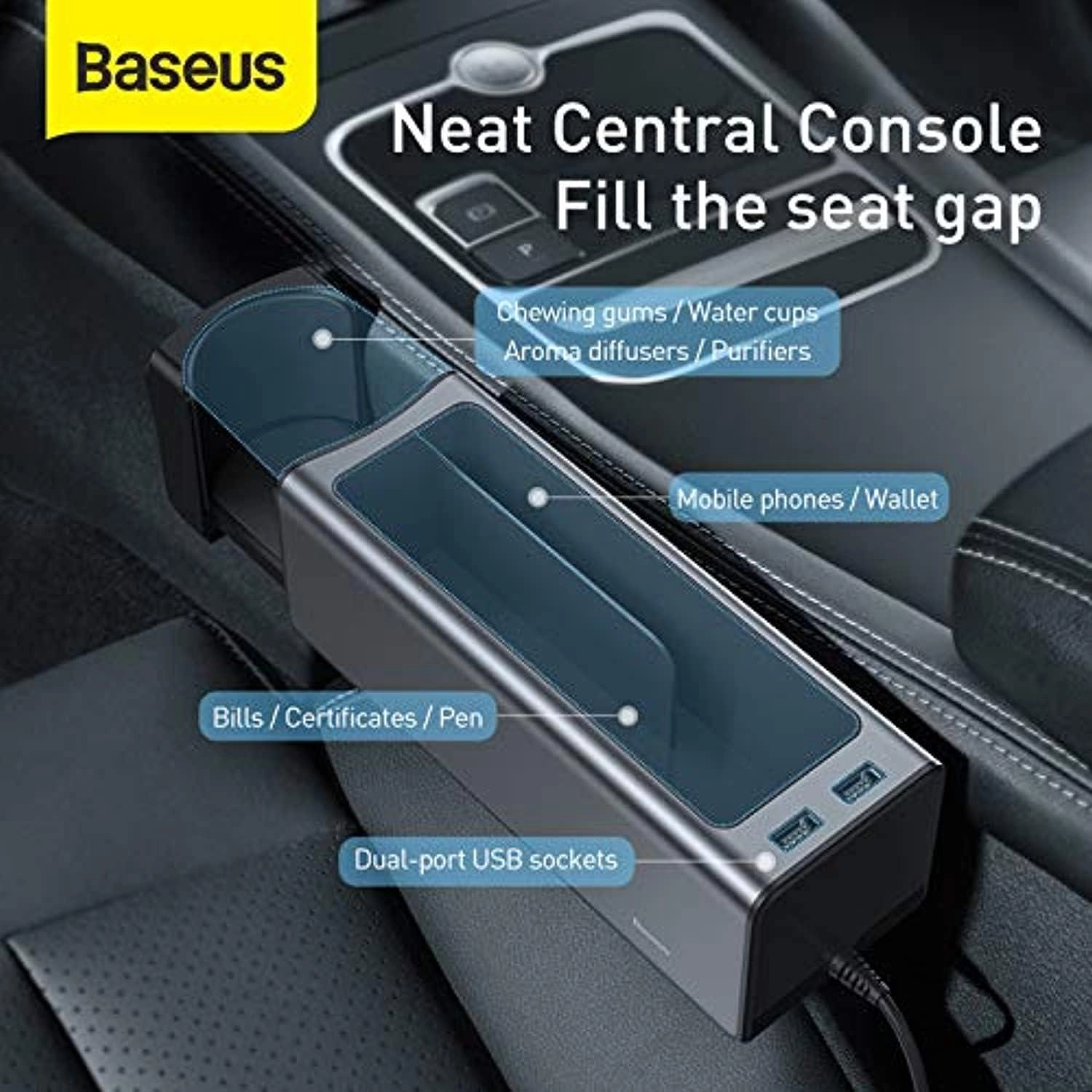 Metal Armrest Console Organizer - Black Dual USB