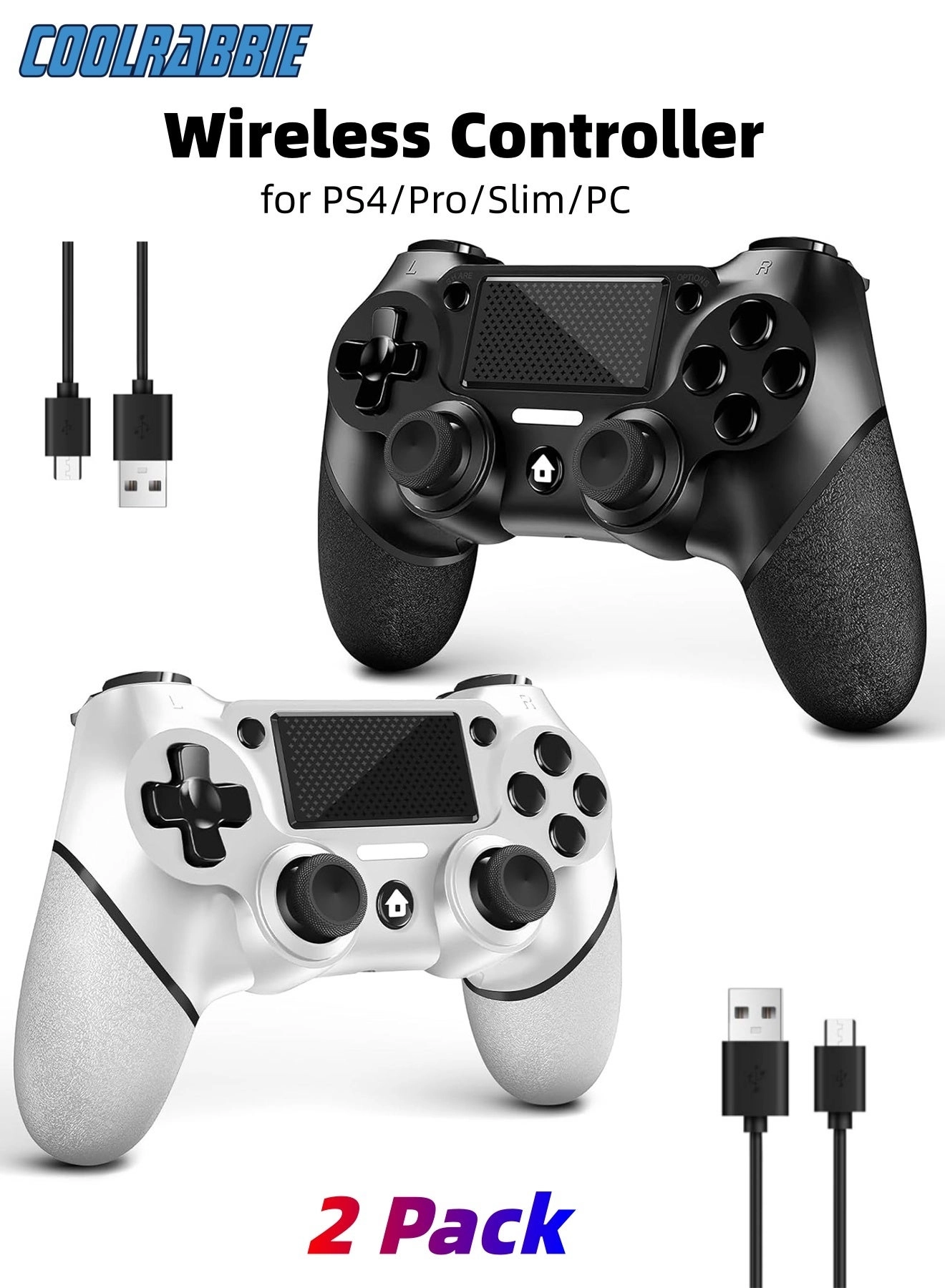 CoolRabbie Wireless Gaming Controller - Black and White PS4/Pro/Slim/Windows PC Pack