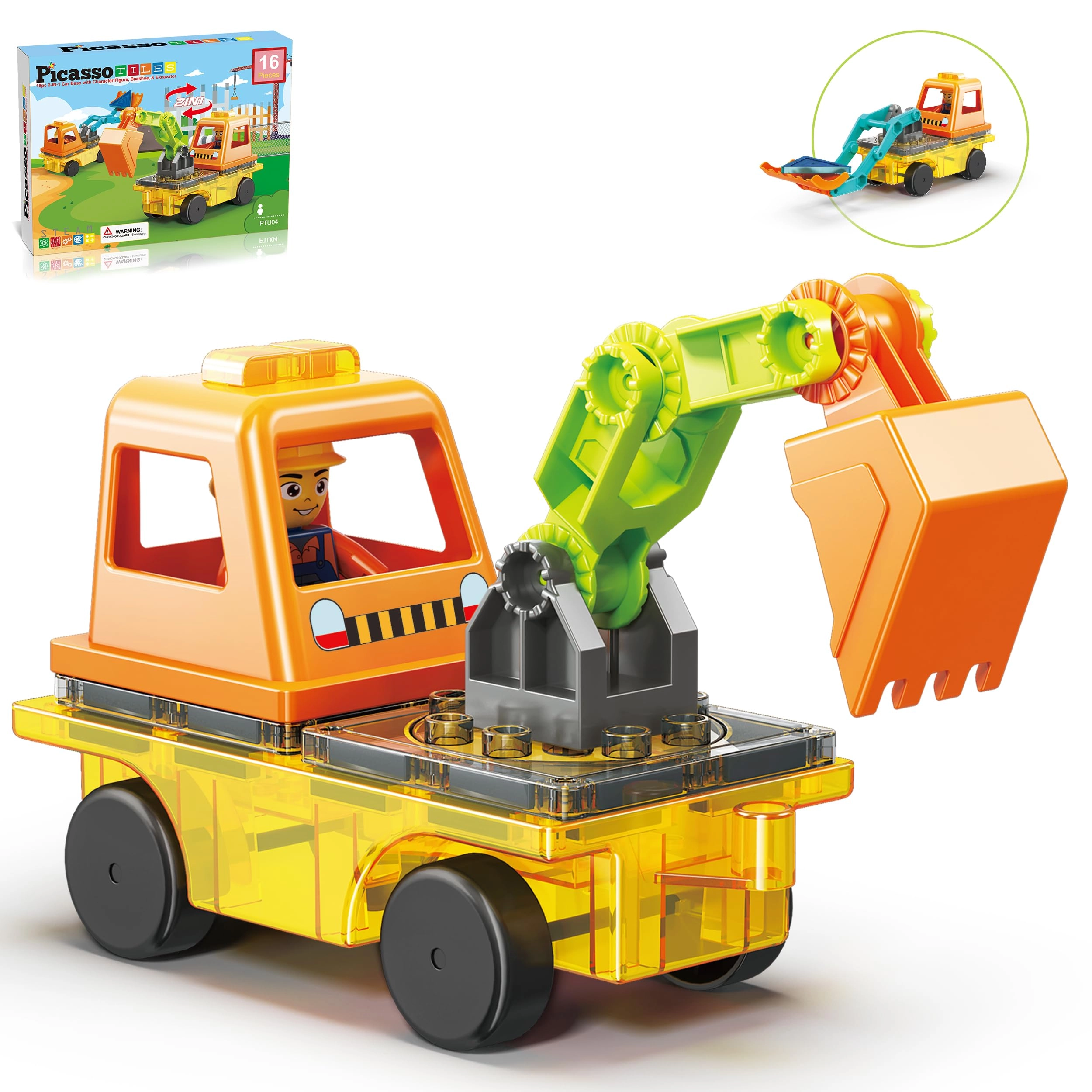 PicassoTiles Magnet Tiles 2-in-1 Excavator & Backhoe - 16 pcs