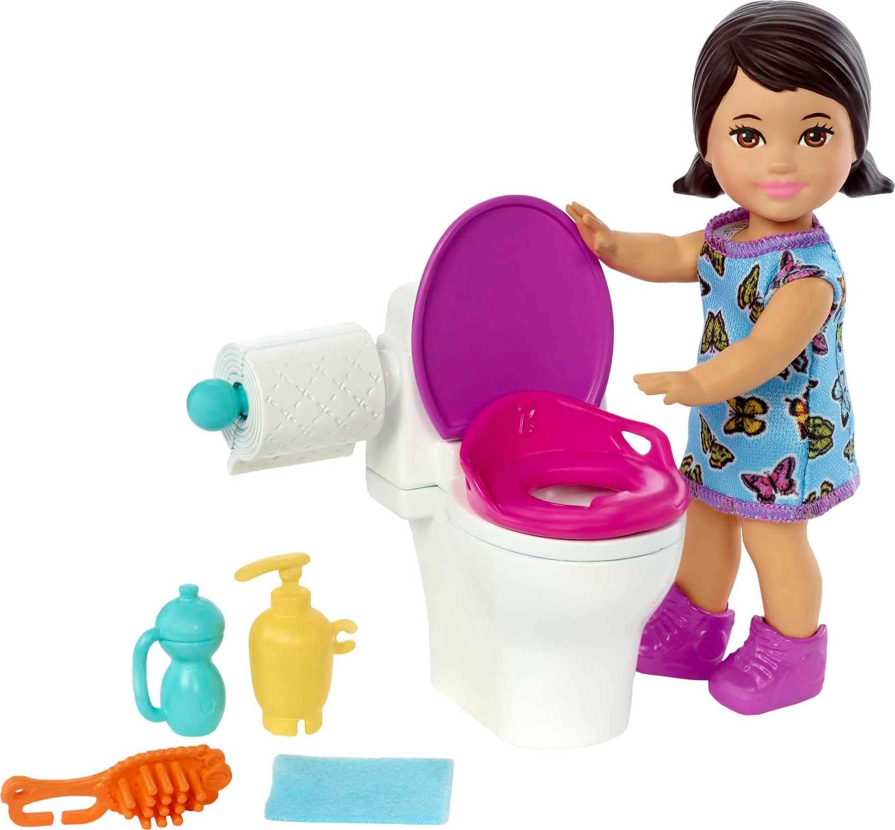 Barbie Babysitters Inc. Toddler Doll Set - Small Doll Toilet and 5 Themed Pieces Ages 3+