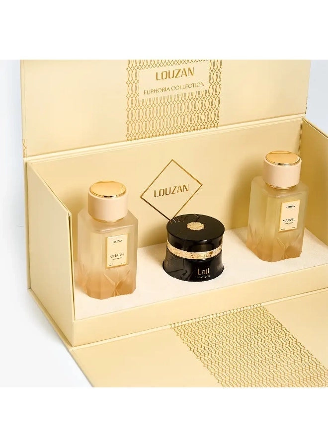 LOUZAN Marble - 100ml Eau de Parfum + Charm - 100ml Eau de Parfum + LAIL - 30gms