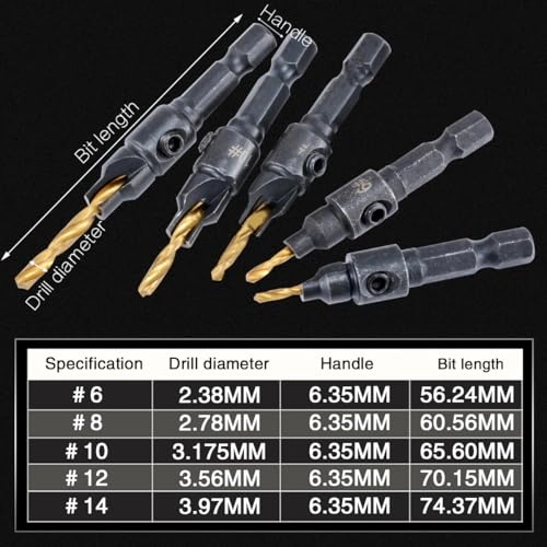 Countersink Drill Bit Set - high speed steel + carbon steel 5 Pieces 6.35mm