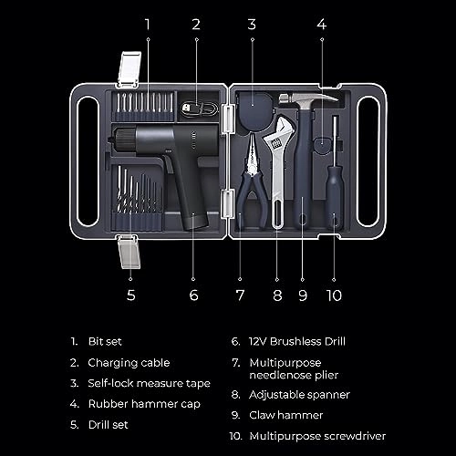 Cordless Brushless Drill - 2000mAh + Multipurpose Screwdriver + Adjustable Spanner + Needlenose Plier + Claw Hammer + Rubber Hammer + Self-lock Measure Tape + 18 Bit & Drill Set