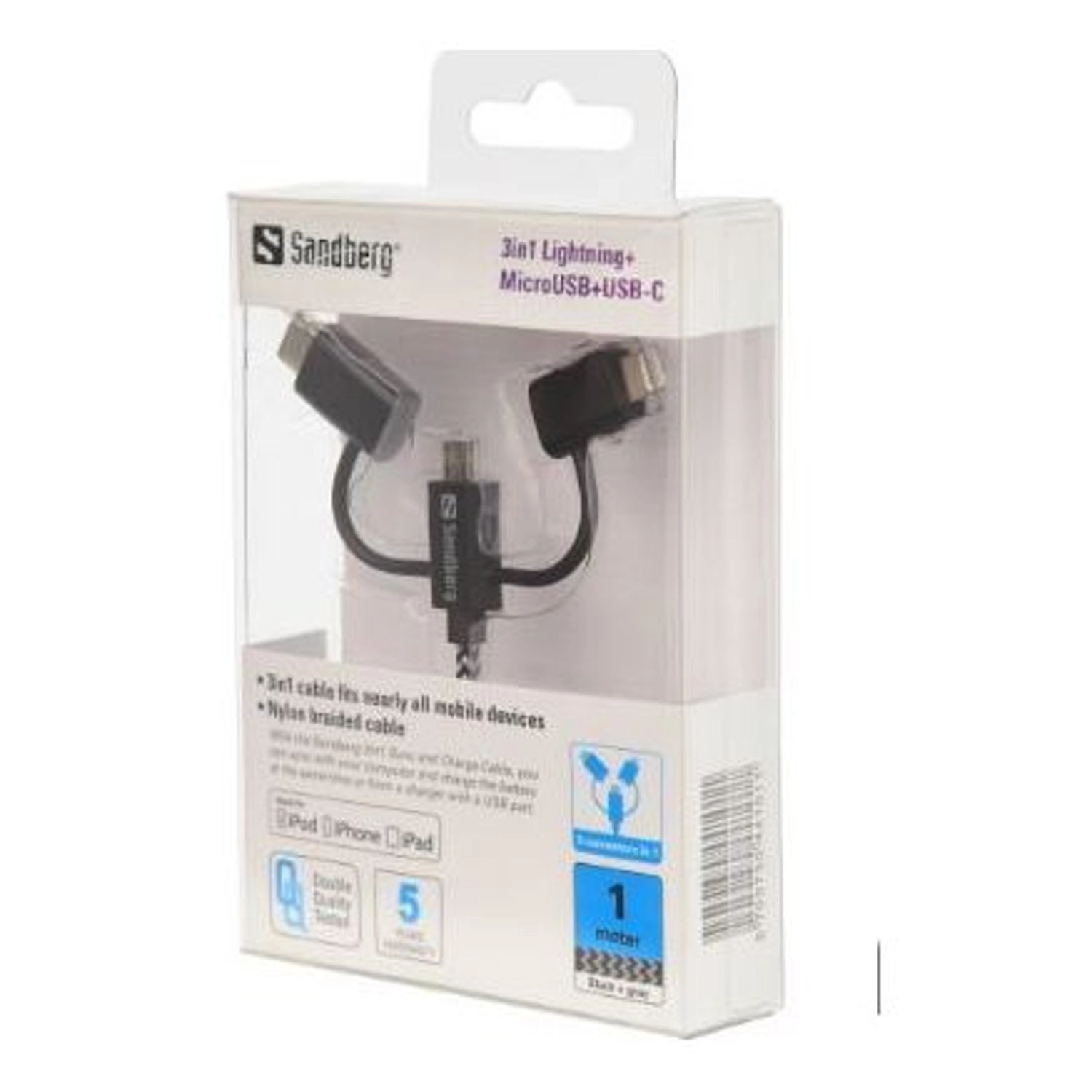 3in1 Sync and Charge Cable Lightning to Micro USB 1m