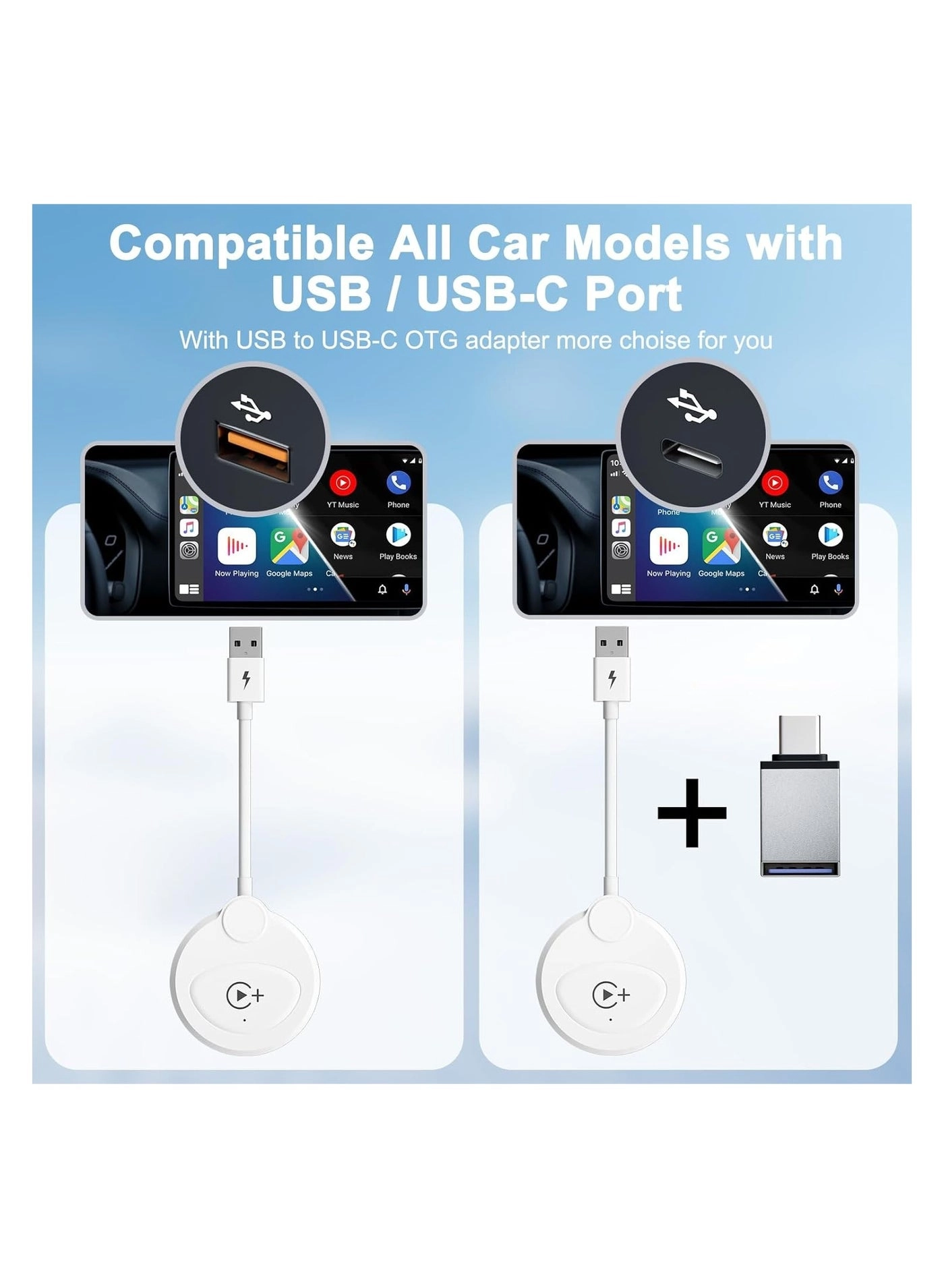 Wireless Carplay Adapter & Android Auto Adapter - 2 in-1 Plug & Play Bluetooth