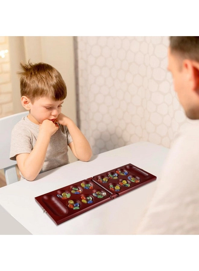 Folding Wooden Mancala - Multi-Color Glass Stones Storage Bag